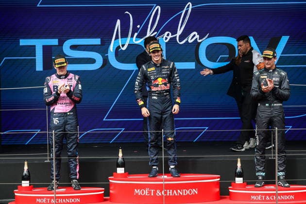 AUTO - FORMULA 2 2026 - MONACO TSOLOV Nikola (bul), Campos Racing, Dallara F2 2024, portrait, DUNNE Alex (irl), Rodin Motorsport, Dallara F2 2024, portrait and BEGANOVIC Dino (swe), DAMS Lucas Oil, Dallara F2 2024, portrait podium celebration during the 4th round of the 2026 FIA Formula 2 Championship from June 5 to 7, 2026 on the Circuit de Monaco, in Monte-Carlo, Monaco - Monte-CarloMonaco Copyright: xEricxAlonsox