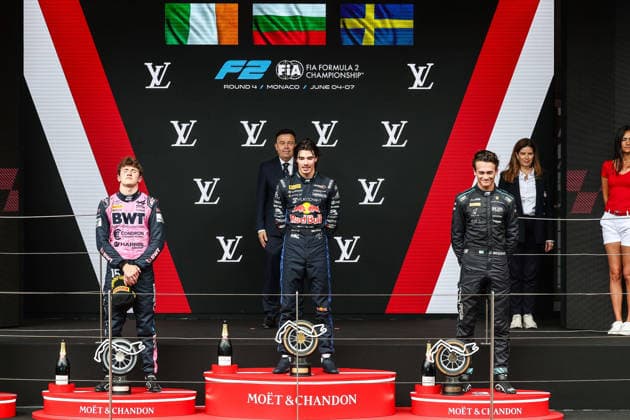 AUTO - FORMULA 2 2026 - MONACO TSOLOV Nikola (bul), Campos Racing, Dallara F2 2024, portrait, DUNNE Alex (irl), Rodin Motorsport, Dallara F2 2024, portrait and BEGANOVIC Dino (swe), DAMS Lucas Oil, Dallara F2 2024, portrait podium celebration during the 4th round of the 2026 FIA Formula 2 Championship from June 5 to 7, 2026 on the Circuit de Monaco, in Monte-Carlo, Monaco - Monte-CarloMonaco Copyright: xEricxAlonsox