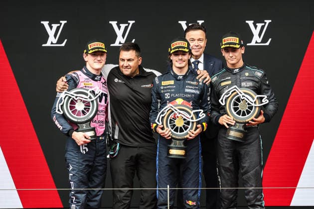AUTO - FORMULA 2 2026 - MONACO TSOLOV Nikola (bul), Campos Racing, Dallara F2 2024, portrait, DUNNE Alex (irl), Rodin Motorsport, Dallara F2 2024, portrait and BEGANOVIC Dino (swe), DAMS Lucas Oil, Dallara F2 2024, portrait podium celebration during the 4th round of the 2026 FIA Formula 2 Championship from June 5 to 7, 2026 on the Circuit de Monaco, in Monte-Carlo, Monaco - Monte-CarloMonaco Copyright: xEricxAlonsox