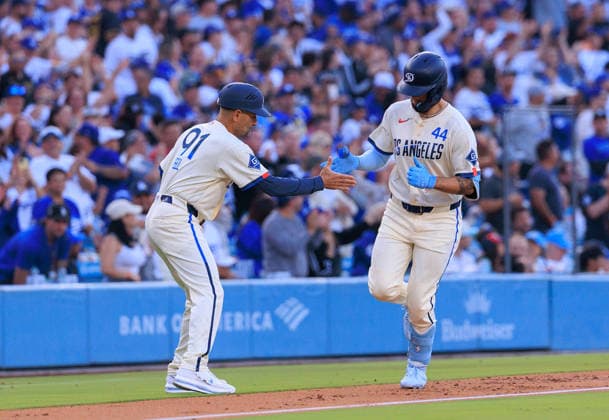 June 6, 2026, Los Angeles, California, USA: Andy Pages 44 of the Los Angeles Dodgers is congratulated by third base coach, Dino Ebel 91 after hitting a home run during a regular season MLB, Baseball Herren, USA game against the Los Angeles Angels on Saturday June 6, 2026 at Dodger Stadium in Los Angeles, California. Dodgers defeat Angels, 9-2. JAVIER ROJAS PI Dodgers Defeat Angels, 9-2 - ZUMAp124 20260606_zaa_p124_065 Copyright: xJavierxRojasx