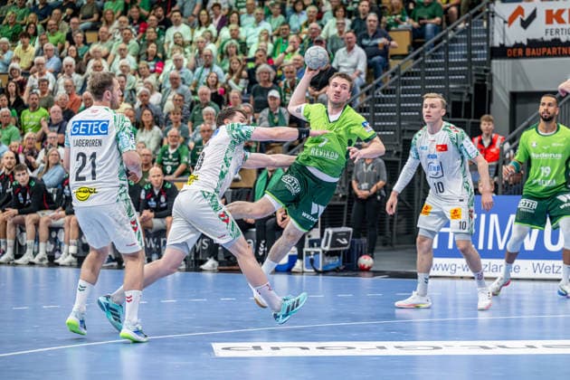Handball Bundesliga; HSG Wetzlar - SC Magdeburg, 07.06.26 Dominik Mappes (HSG Wetzlar, 7), Albin Lagergren (SC Magdeburg, 21), Elvar Oern Jonsson (SC Magdeburg, 19), Gisli Kristjansson (SC Magdeburg, 10), Philipp Ahouansou (HSG Wetzlar, 19) Handball Bundesliga; HSG Wetzlar - SC Magdeburg: Wetzlar, 07.06.26