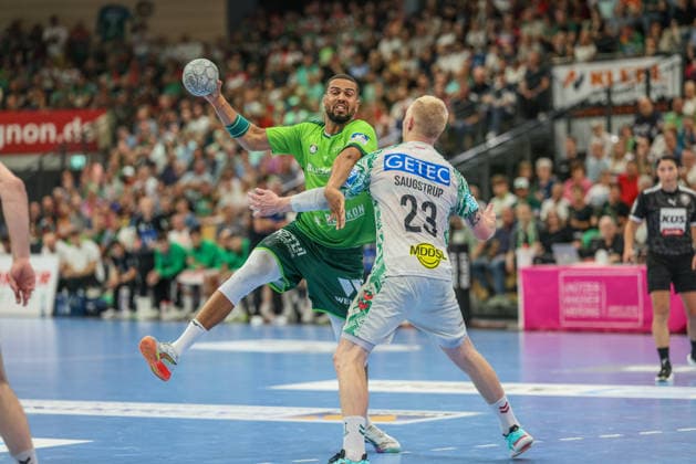GER, Wetzlar, HSG Wetzlar vs SC Magdeburg, Daikin Handball-Bundesliga, Handball, HBL, Spielzeit 2025 2026, Buderus Arena Wetzlar, 34. Spieltag im Bild v.l.: Philipp Ahouansou (HSG Wetzlar 19), Magnus Saugstrup (SC Magdeburg 23) DFB DFL REGULATIONS PROHIBIT ANY USE OF PHOTOGRAPHS AS IMAGE SEQUENCES AND OR QUASI-VIDEO, 07.06.2026