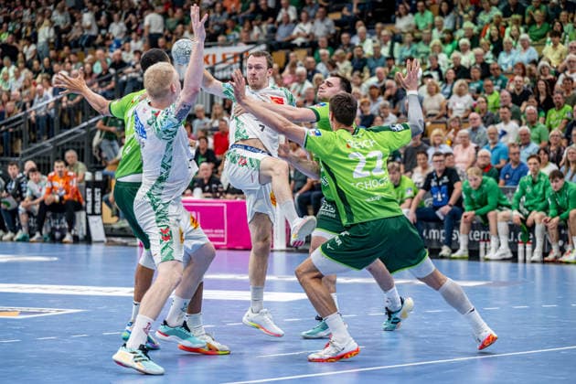 Handball Bundesliga; HSG Wetzlar - SC Magdeburg, 07.06.26 Felix Claar (SC Magdeburg, 7), Magnus Saugstrup (SC Magdeburg, 23), Jona Schoch (HSG Wetzlar, 22), Josip Simic (HSG Wetzlar, 10), Philipp Ahouansou (HSG Wetzlar, 19) Handball Bundesliga; HSG Wetzlar - SC Magdeburg: Wetzlar, 07.06.26