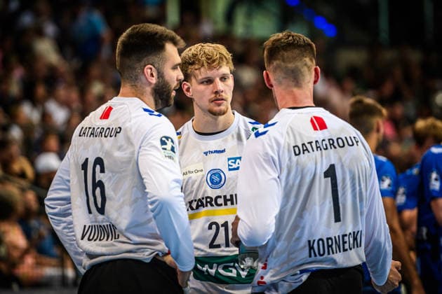 Miljan Vujovic (TVB Stuttgart, 16), Jorick Pol (TVB Stuttgart, 21), Mateusz Kornecki (TVB Stuttgart, 01), vlnr. GER, TVB Stuttgart - HC Erlangen, DAIKIN HBL, Handball, Bundesliga, 34. Spieltag, Spielzeit 2025 2026, 07.06.2026 GER, TVB Stuttgart - HC Erlangen, DAIKIN HBL, Handball, Bundesliga, 34. Spieltag, Spielzeit 2025 2026, 07.06.2026 Stuttgart