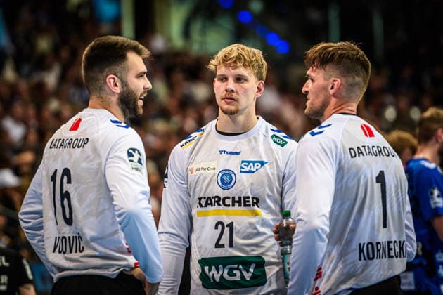Miljan Vujovic (TVB Stuttgart, 16), Jorick Pol (TVB Stuttgart, 21), Mateusz Kornecki (TVB Stuttgart, 01), vlnr. GER, TVB Stuttgart - HC Erlangen, DAIKIN HBL, Handball, Bundesliga, 34. Spieltag, Spielzeit 2025 2026, 07.06.2026 GER, TVB Stuttgart - HC Erlangen, DAIKIN HBL, Handball, Bundesliga, 34. Spieltag, Spielzeit 2025 2026, 07.06.2026 Stuttgart