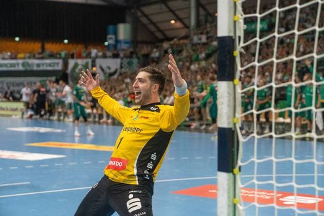 Domenico Ebner (SC DHfK Leipzig, 01) feiert euphorisch eine gelungene Parade SC DHfK Leipzig vs. TSV GWD Minden, Handball, 1. Handball-Bundesliga, 34. Spieltag, Saison 2025 2026, 07.06.2026 SC DHfK Leipzig vs. TSV GWD Minden, Handball, 1. Handball-Bundesliga, 34. Spieltag, Saison 2025 2026, 07.06.2026 Leipzig