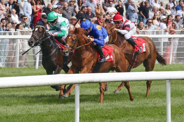 07.06.2026, Iffezheim, Baden-Wuerttemberg, GER - Abacus mit Rene Piechulek (blauer Dress) gewinnt. Galopprennbahn Baden-Baden, Iffezheim. (Pferd, Jockey, Abacus, Piechulek, Sieg, Ziel, Zielankunft) 260607B976IFFEZHEIM.JPG