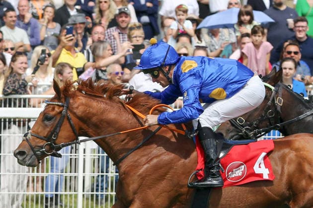 07.06.2026, Iffezheim, Baden-Wuerttemberg, GER - Abacus mit Rene Piechulek gewinnt. Galopprennbahn Baden-Baden, Iffezheim. (Pferd, Jockey, Abacus, Piechulek, Sieg, Ziel, Zielankunft) 260607B977IFFEZHEIM.JPG