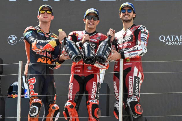 MOTO - MOTO GP - HUNGARY GRAND PRIX 2026 Podium MARQUEZ Marc (spa), Ducati Lenovo Team, Ducati Desmosedici GP26, portrait ACOSTA Pedro (spa), Red Bull KTM Factory Racing, KTM RC16, portraitBAGNAIA Francesco (ita), Ducati Lenovo Team, Ducati Desmosedici GP26, portrait celebrates his third place on podium during the 2026 MotoGP Grand Prix of Hungary , on Balaton Park circuit, from June 5 to 7, in Hungary - Balaton ParkHungary Copyright: xGIGIxSOLDANOx