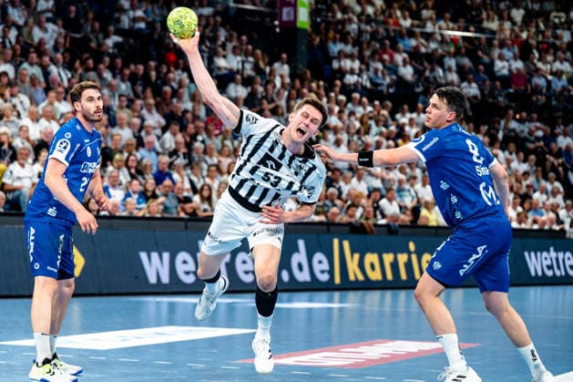 07.06.2026, xdobgx, Handball Daikin HBL, THW Kiel - TBV Lemgo Lippe v.l. Hendrik Wagner (TBV Lemgo Lippe, 28), Nikola Bilyk (Kiel, 53) beim Wurf, in action, throwing, Frederik Simak (TBV Lemgo Lippe, 8) Kiel