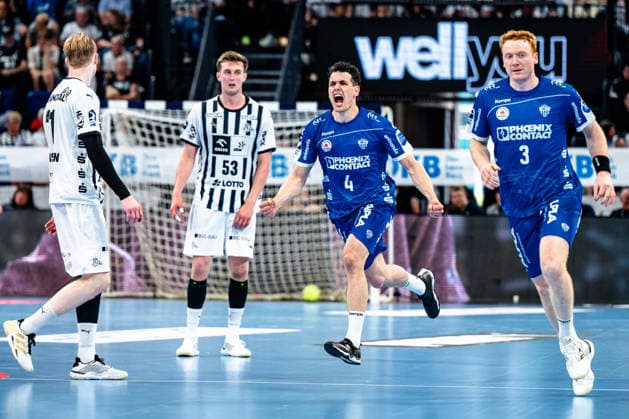 07.06.2026, xdobgx, Handball Daikin HBL, THW Kiel - TBV Lemgo Lippe v.l. Eric Johansson (Kiel, 21), Nikola Bilyk (Kiel, 53), Samuel Zehnder (TBV Lemgo Lippe, 4) Jubel, Torjubel, jubelt ueber das Tor, celebrate the goal, celebration, Nicolai Theilinger (TBV Lemgo Lippe, 3) Kiel