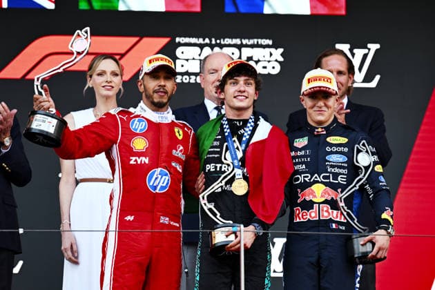 F1 - MONACO GRAND PRIX 2026 HAMILTON Lewis (gbr), Scuderia Ferrari SF-26, portrait KIMI ANTONELLI Andrea (ita), Mercedes AMG F1 Team W16, portrait HADJAR Isack (fra), portrait podium during the Formula 1 Grand Prix de Canada 2026, 6th round of the 2026 Formula One World Championship, WM, Weltmeisterschaft from June 5 to 7, 2026 on the Circuit de Monaco, in Monte-Carlo, Monaco - Monte-CarloMonaco Copyright: xDPPIx