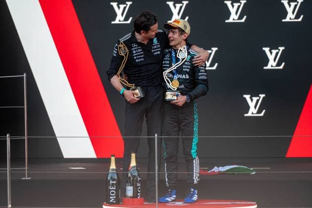 Podium, Andrea Kimi Antonelli 12, Mercedes-AMG Petronas F1 Team, Isack Hadjar 6, Oracle Red Bull Racing, Lewis Hamilton 44, Scuderia Ferrari HP, Toto Wolff, Team Principal Mercedes-AMG Petronas Formula One Team Race Day, Grosser Preis von Monaco, Motorsport, Herren, Formel 1, 07.06.2026 Monte Carlo Monaco MCO