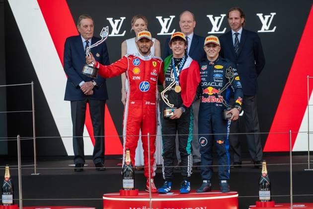 Rainier III, Albert II, Grimaldis, Charlene von Monaco, Podium,Andrea Kimi Antonelli 12, Mercedes-AMG Petronas F1 Team, Isack Hadjar 6, Oracle Red Bull Racing, Lewis Hamilton 44, Scuderia Ferrari HP, Toto Wolff, Team Principal Mercedes-AMG Petronas Formula One Team, Race Day, Grosser Preis von Monaco, Motorsport, Herren, Formel 1, 07.06.2026 Monte Carlo Monaco MCO