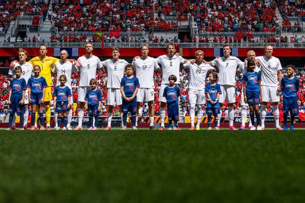 260607 Martin odegaard, goalkeeper orjan Haskjold Nyland, Fredrik Aursnes, Kristoffer Ajer, David Moller Wolfe, Torbjorn Lysaker Heggem, Sander Berge, Antonio Nusa, Alexander Sorloth and Erling Braut Haaland during line-up ahead of the International Friendly, Länderspiel, Nationalmannschaft football match between Morocco and Norway ahead of the FIFA World Cup, WM, Weltmeisterschaft, Fussball 2026 on June 7, 2026 in New Jersey. Photo: Vegard Grott BILDBYRAN kod VG VG0943 bbeng fotboll football soccer fotball fifa world cup vm fotball-vm precamp pre-camp träningslandskamp privatlandskamp landskamp international friendly norge norway marocko morocco marokko