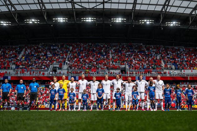 260607 Martin odegaard, goalkeeper orjan Haskjold Nyland, Fredrik Aursnes, Kristoffer Ajer, David Moller Wolfe, Torbjorn Lysaker Heggem, Sander Berge, Antonio Nusa, Alexander Sorloth and Erling Braut Haaland during line-up ahead of the International Friendly, Länderspiel, Nationalmannschaft football match between Morocco and Norway ahead of the FIFA World Cup, WM, Weltmeisterschaft, Fussball 2026 on June 7, 2026 in New Jersey. Photo: Vegard Grott BILDBYRAN kod VG VG0943 bbeng fotboll football soccer fotball fifa world cup vm fotball-vm precamp pre-camp träningslandskamp privatlandskamp landskamp international friendly norge norway marocko morocco marokko