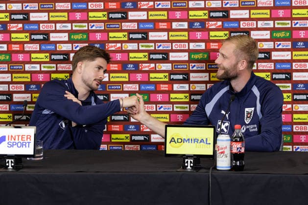 SOCCER - FIFA World Cup, WM, Weltmeisterschaft, Fussball 2026, preview SANTA BARBARA, CALIFORNIA,USA,07.JUN.26 - SOCCER - FIFA World Cup 2026, USA, Mexico, Canada, preview, Oesterreichischer Fussball-Bund, press conference, PK, Pressekonferenz team AUT. Image shows Romano Schmid and Konrad Laimer (AUT). GEPAxpictures xArminxRauthner