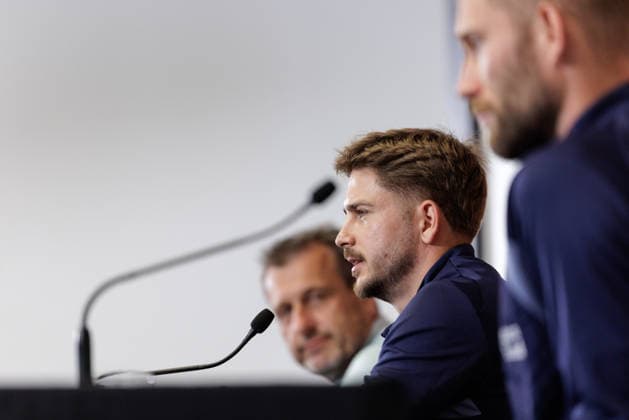 SOCCER - FIFA World Cup, WM, Weltmeisterschaft, Fussball 2026, preview SANTA BARBARA, CALIFORNIA,USA,07.JUN.26 - SOCCER - FIFA World Cup 2026, USA, Mexico, Canada, preview, Oesterreichischer Fussball-Bund, press conference, PK, Pressekonferenz team AUT. Image shows Thomas Trukesitz, Romano Schmid and Konrad Laimer (AUT). GEPAxpictures xArminxRauthner