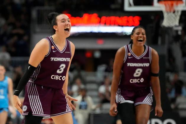 June 7, 2026, Toronto, On, CANADA: Toronto Tempo guard Marina Mabrey (3) and teammate Nyara Sabally (8) react after Tempo forward Isabelle Harrison, not shown, made a three-point basket against the Chicago Sky during second half WNBA, Basketball Damen, USA action in Toronto, Sunday, June 7, 2026. Canada News - June 7, 2026 - ZUMAc35_ 20260607_zaf_c35_037 Copyright: xFrankxGunnx