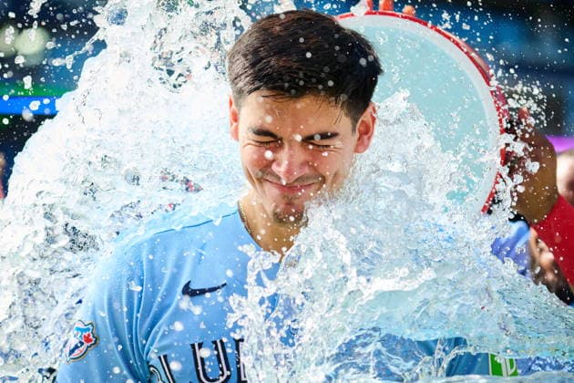 June 7, 2026, Toronto, On, Canada: Toronto Blue Jays Brandon Valenzuela (59) is doused with a sports drink following MLB, Baseball Herren, USA baseball action in Toronto, on Sunday, June 7, 2026. Canada News - June 7, 2026 - ZUMAc35_ 20260607_zaf_c35_041 Copyright: xSammyxKoganx