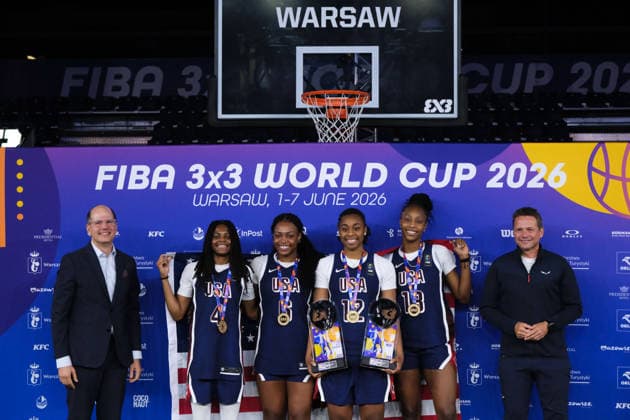 June 7, 2026, Warsaw, Masovian Voivodeship, Poland: USA s MILAYSIA FULWILEY (4), MIKAYLAH WILLIAMS (12), SAHARA WILLIAMS (6), and JOYCE EDWARDS (13) pose with their women s 1st place medals during the prize ceremony at the conclusion of the 2026 FIBA 3x3 Basketball World Cup in Warsaw, Poland. To the left of the players stands FIBA Secretary General ANDREAS ZAGKLIS and to the right of the players stands Mayor of Warsaw RAFAL TRZASKOWSKI. Warsaw Poland - ZUMAk204 20260607_zip_k204_081 Copyright: xRomanxKozielx