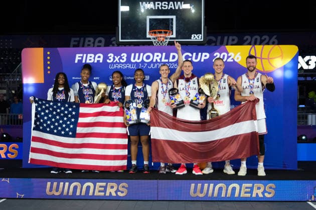 June 7, 2026, Warsaw, Masovian Voivodeship, Poland: USA s MILAYSIA FULWILEY (4), MIKAYLAH WILLIAMS (12), SAHARA WILLIAMS (6), and JOYCE EDWARDS (13) pose with their women s 1st place medals and the world champions trophy; Latvia s FRANCIS LACIS (6), NAURIS MIEZIS (1), KARLIS LASMANIS (2), and ZIGMARS RAIMO (9) pose with their men s 1st place medals and men s world champions trophy during the prize ceremony at the conclusion of the 2026 FIBA 3x3 Basketball World Cup in Warsaw, Poland. Warsaw Poland - ZUMAk204 20260607_zip_k204_102 Copyright: xRomanxKozielx