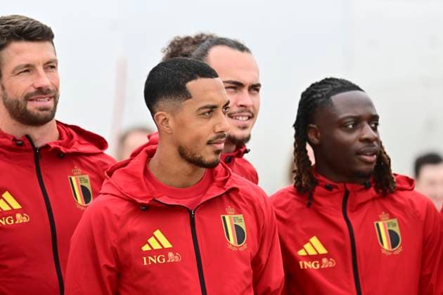 Belgian national football team - 2026 FIFA World Cup, WM, Weltmeisterschaft, Fussball - media activities 08 06 2026 ZAVENTEM, BELGIUM - JUNE 08 : Mechele Brandon defender of Belgium,Tielemans Youri midfielder of Belgium, Theate Arthur defender of Belgium, Doku Jeremy forward of Belgium pictured at Brussels airport before takeoff towards Seattle ahead of the FIFA World Cup 2026 on June 8, 2026 in Zaventem, Belgium, 08 06 2026 Zaventem Belgium Copyright: xPeterxDexVoechtx