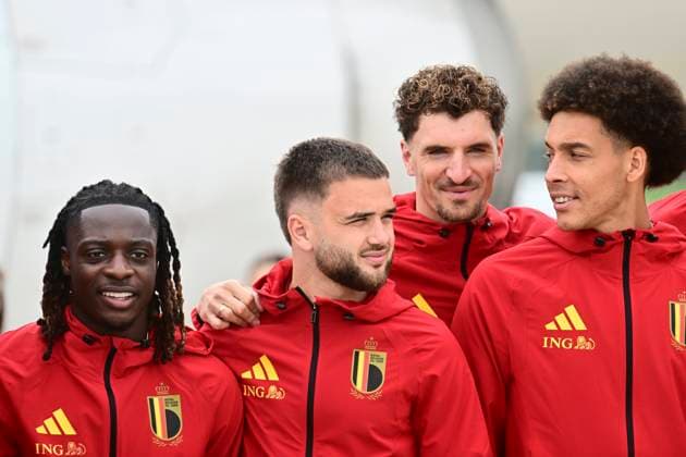 Belgian national football team - 2026 FIFA World Cup, WM, Weltmeisterschaft, Fussball - media activities 08 06 2026 ZAVENTEM, BELGIUM - JUNE 08 : Doku Jeremy forward of Belgium, Raskin Nicolas midfielder of Belgium, Meunier Thomas defender of Belgium, Witsel Axel midfielder of Belgium pictured at Brussels airport before takeoff towards Seattle ahead of the FIFA World Cup 2026 on June 8, 2026 in Zaventem, Belgium, 08 06 2026 Zaventem Belgium Copyright: xPeterxDexVoechtx
