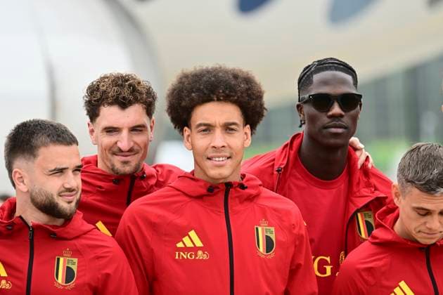 Belgian national football team - 2026 FIFA World Cup, WM, Weltmeisterschaft, Fussball - media activities 08 06 2026 ZAVENTEM, BELGIUM - JUNE 08 : Raskin Nicolas midfielder of Belgium, Meunier Thomas defender of Belgium, Witsel Axel midfielder of Belgium, Onana Amadou midfielder of Belgium pictured at Brussels airport before takeoff towards Seattle ahead of the FIFA World Cup 2026 on June 8, 2026 in Zaventem, Belgium, 08 06 2026 Zaventem Belgium Copyright: xPeterxDexVoechtx