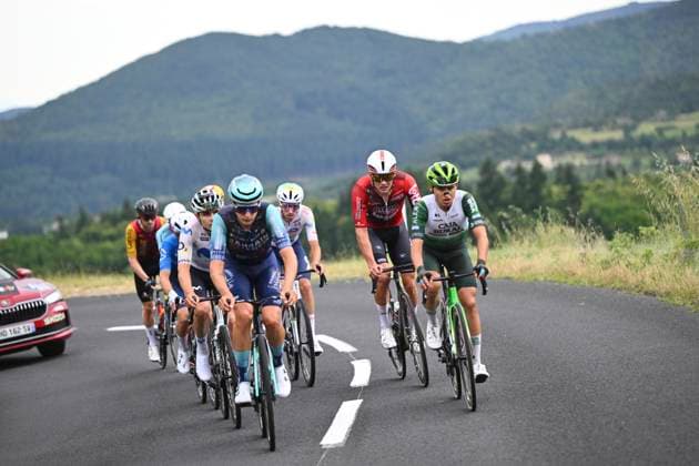 Tour Auvergne - Rhone-Alpes 2026 Stage 2 LE PUY-EN-VELAY, FRANCE - JUNE 08 : Charmig Anthon (DEN) of UNO-X Mobility, Garcia Pierna Raul (ESP) of Movistar Team, Van Mechelen Vlad (BEL) of Bahrain - Victorious, Veistroffer Baptiste (FRA) of Lotto Intermarche, Jegat Jordan (FRA) of TotalEnergies, Diaz Alex (ESP) of Caja Rural - Seguros RGA, Raisberg Nadav (ISR) of NSN Cycling Team, Thomas Benjamin (FRA) of Cofidis, Braz Afonso Clement (FRA) of Groupama - FDJ United, Renard-Haquin Henri-Francois (FRA) of Team Picnic PostNL during stage 2 of the 78th edition of Tour Auvergne - Rhone-Alpes an UCI World Tour 2.UWT cycling road race stage for Men Elite of 234.3 km with start in Saint-Martin-Le-Vinoux and finish in Le Puy-en-Velay on June 8, 2026 in Le Puy-en-Velay, France, 08 06 2026 ( Motordriver Guy De Vuyst - Le Puy-en-Velay France Copyright: xVincentxKalutx