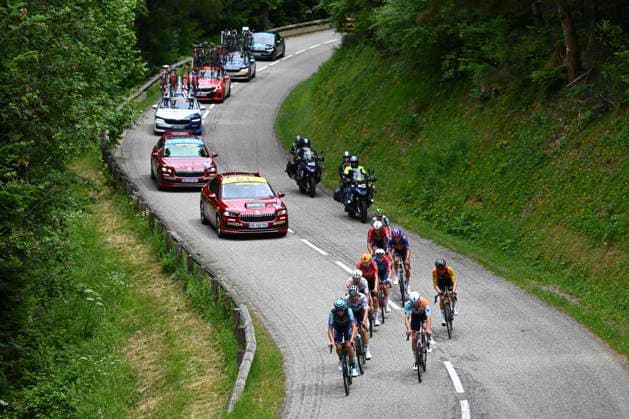 Tour Auvergne - Rhone-Alpes 2026 Stage 2 LE PUY-EN-VELAY, FRANCE - JUNE 08 : Charmig Anthon (DEN) of UNO-X Mobility, Garcia Pierna Raul (ESP) of Movistar Team, Van Mechelen Vlad (BEL) of Bahrain - Victorious, Veistroffer Baptiste (FRA) of Lotto Intermarche, Jegat Jordan (FRA) of TotalEnergies, Diaz Alex (ESP) of Caja Rural - Seguros RGA, Raisberg Nadav (ISR) of NSN Cycling Team, Thomas Benjamin (FRA) of Cofidis, Braz Afonso Clement (FRA) of Groupama - FDJ United, Renard-Haquin Henri-Francois (FRA) of Team Picnic PostNL during stage 2 of the 78th edition of Tour Auvergne - Rhone-Alpes an UCI World Tour 2.UWT cycling road race stage for Men Elite of 234.3 km with start in Saint-Martin-Le-Vinoux and finish in Le Puy-en-Velay on June 8, 2026 in Le Puy-en-Velay, France, 08 06 2026 ( Motordriver Guy De Vuyst - Le Puy-en-Velay France Copyright: xVincentxKalutx