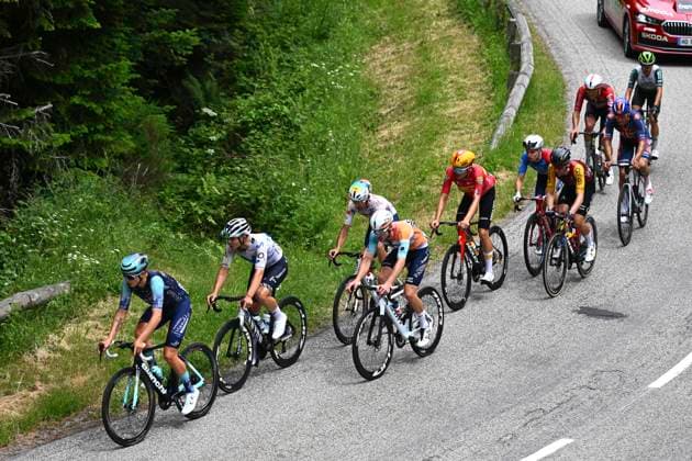Tour Auvergne - Rhone-Alpes 2026 Stage 2 LE PUY-EN-VELAY, FRANCE - JUNE 08 : Charmig Anthon (DEN) of UNO-X Mobility, Garcia Pierna Raul (ESP) of Movistar Team, Van Mechelen Vlad (BEL) of Bahrain - Victorious, Veistroffer Baptiste (FRA) of Lotto Intermarche, Jegat Jordan (FRA) of TotalEnergies, Diaz Alex (ESP) of Caja Rural - Seguros RGA, Raisberg Nadav (ISR) of NSN Cycling Team, Thomas Benjamin (FRA) of Cofidis, Braz Afonso Clement (FRA) of Groupama - FDJ United, Renard-Haquin Henri-Francois (FRA) of Team Picnic PostNL during stage 2 of the 78th edition of Tour Auvergne - Rhone-Alpes an UCI World Tour 2.UWT cycling road race stage for Men Elite of 234.3 km with start in Saint-Martin-Le-Vinoux and finish in Le Puy-en-Velay on June 8, 2026 in Le Puy-en-Velay, France, 08 06 2026 ( Motordriver Guy De Vuyst - Le Puy-en-Velay France Copyright: xVincentxKalutx