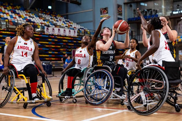 GUADALAJARA, SPAIN - JUNE 08: Annika Sonnleitner (Germany, 12) trying to shoot the ball against Angelica Costa (Angola, 14), Maria Martelo (Angola, 6), Rita Manuel (Angola, 5) and Lucia Kiala (Angola, 11) during the 2026 IWBF Women™s Repechage match between Angola vs. Germany at Palacio Multiusos de Guadalajara on June 08, 2026 in Guadalajara, Spain. Spain Copyright: xSteffiexWunderlx