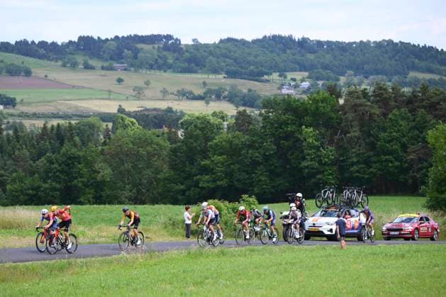 Tour Auvergne - Rhone-Alpes 2026 Stage 2 LE PUY-EN-VELAY, FRANCE - JUNE 08 : Charmig Anthon (DEN) of UNO-X Mobility, Garcia Pierna Raul (ESP) of Movistar Team, Van Mechelen Vlad (BEL) of Bahrain - Victorious, Veistroffer Baptiste (FRA) of Lotto Intermarche, Jegat Jordan (FRA) of TotalEnergies, Diaz Alex (ESP) of Caja Rural - Seguros RGA, Raisberg Nadav (ISR) of NSN Cycling Team, Thomas Benjamin (FRA) of Cofidis, Braz Afonso Clement (FRA) of Groupama - FDJ United, Renard-Haquin Henri-Francois (FRA) of Team Picnic PostNL during stage 2 of the 78th edition of Tour Auvergne - Rhone-Alpes an UCI World Tour 2.UWT cycling road race stage for Men Elite of 234.3 km with start in Saint-Martin-Le-Vinoux and finish in Le Puy-en-Velay on June 8, 2026 in Le Puy-en-Velay, France, 08 06 2026 ( Motordriver Guy De Vuyst - Le Puy-en-Velay France Copyright: xVincentxKalutx
