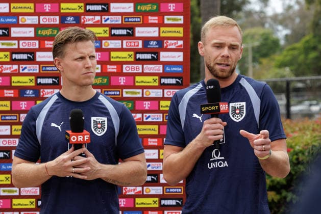 SOCCER - FIFA World Cup, WM, Weltmeisterschaft, Fussball 2026, preview SANTA BARBARA,CALIFORNIA,USA,08.JUN.26 - SOCCER - FIFA World Cup 2026, USA, Mexico, Canada, preview, OEFB, Oesterreichischer Fussball-Bund, press conference, PK, Pressekonferenz team AUT. Image shows Patrick Pentz and Alexander Schlager (AUT). GEPAxpictures xArminxRauthner