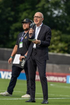 Team Arrival Germany, Base Camp, practice, FIFA World Cup, WM, Weltmeisterschaft, Fussball 2026, Winston-Salem DFB President BERND NEUENDORF before the start of day 1 practice for the FIFA World Cup 2026 at Wake Forest University™s Spry Stadium in Winston-Salem, North Carolina, United States, June 8, 2026. WINSTON-SALEM Spry Stadium North Carolina USA Copyright: xPaulxMoreax 064A2685