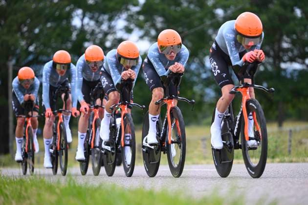 Tour Auvergne - Rhone-Alpes 2026 Stage 3 PERREUX, FRANCE - JUNE 09 : Onley Oscar (GBR) of Netcompany INEOS, De Plus Laurens (BEL) of Netcompany INEOS, Godon Dorian (FRA) of Netcompany INEOS, Rodriguez Carlos (ESP) of Netcompany INEOS, Tarling Joshua (GBR) of Netcompany INEOS, Vauquelin Kevin (FRA) of Netcompany INEOS, Watson Samuel (GBR) of Netcompany INEOS during stage 3 of the 78th edition of Tour Auvergne - Rhone-Alpes an UCI World Tour 2.UWT Team Time Trial stage for Men Elite of 28.4 km with start in Perreux and finish in Perreux on June 9, 2026 in Perreux, France, 09 06 2026 ( Motordriver Guy De Vuyst - Perreux France Copyright: xVincentxKalutx