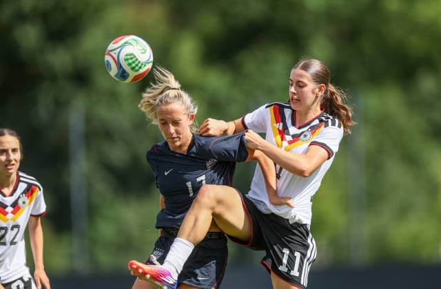GER, Frankfurt, Deutschland U19 vs USA U19 Freundschaftsspiel, Fussball, DFB, Spielzeit 2025 2026, DFB-Campus, zweites Spiel im Bild v.l.: Kylie Maxwell (USA U19 Frauen 17), Leni Marie Eggert (Deutschland U19 Frauen 11), Zweikampf DFB DFL REGULATIONS PROHIBIT ANY USE OF PHOTOGRAPHS AS IMAGE SEQUENCES AND OR QUASI-VIDEO, 09.06.2026