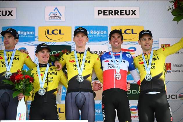 Tour Auvergne - Rhone-Alpes 2026 Stage 3 PERREUX, FRANCE - JUNE 09 : Jorgenson Matteo (USA) of Team Visma Lease a Bike, Affini Edoardo (ITA) of Team Visma Lease a Bike, Armirail Bruno (FRA) of Team Visma Lease a Bike, Hagenes Per Strand (NOR) of Team Visma Lease a Bike, Nordhagen Jorgen (NOR) of Team Visma Lease a Bike, Tulett Ben (GBR) of Team Visma Lease a Bike, Van Aert Wout (BEL) of Team Visma Lease a Bike pictured during the podium ceremony of stage 3 of the 78th edition of Tour Auvergne - Rhone-Alpes an UCI World Tour 2.UWT Team Time Trial stage for Men Elite of 28.4 km with start in Perreux and finish in Perreux on June 9, 2026 in Perreux, France, 09 06 2026 ( Motordriver Guy De Vuyst - Perreux France Copyright: xVincentxKalutx