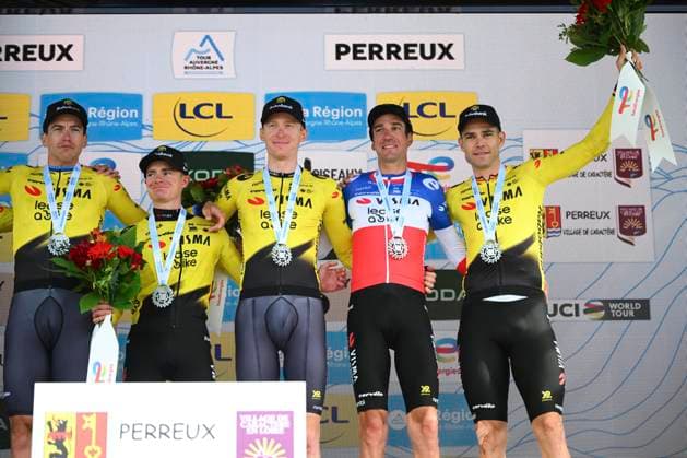 Tour Auvergne - Rhone-Alpes 2026 Stage 3 PERREUX, FRANCE - JUNE 09 : Jorgenson Matteo (USA) of Team Visma Lease a Bike, Affini Edoardo (ITA) of Team Visma Lease a Bike, Armirail Bruno (FRA) of Team Visma Lease a Bike, Hagenes Per Strand (NOR) of Team Visma Lease a Bike, Nordhagen Jorgen (NOR) of Team Visma Lease a Bike, Tulett Ben (GBR) of Team Visma Lease a Bike, Van Aert Wout (BEL) of Team Visma Lease a Bike pictured during the podium ceremony of stage 3 of the 78th edition of Tour Auvergne - Rhone-Alpes an UCI World Tour 2.UWT Team Time Trial stage for Men Elite of 28.4 km with start in Perreux and finish in Perreux on June 9, 2026 in Perreux, France, 09 06 2026 ( Motordriver Guy De Vuyst - Perreux France Copyright: xVincentxKalutx