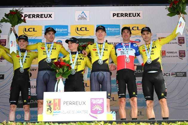 Tour Auvergne - Rhone-Alpes 2026 Stage 3 PERREUX, FRANCE - JUNE 09 : Jorgenson Matteo (USA) of Team Visma Lease a Bike, Affini Edoardo (ITA) of Team Visma Lease a Bike, Armirail Bruno (FRA) of Team Visma Lease a Bike, Hagenes Per Strand (NOR) of Team Visma Lease a Bike, Nordhagen Jorgen (NOR) of Team Visma Lease a Bike, Tulett Ben (GBR) of Team Visma Lease a Bike, Van Aert Wout (BEL) of Team Visma Lease a Bike pictured during the podium ceremony of stage 3 of the 78th edition of Tour Auvergne - Rhone-Alpes an UCI World Tour 2.UWT Team Time Trial stage for Men Elite of 28.4 km with start in Perreux and finish in Perreux on June 9, 2026 in Perreux, France, 09 06 2026 ( Motordriver Guy De Vuyst - Perreux France Copyright: xVincentxKalutx