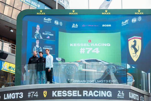 24 HEURES DU MANS 2026 - TUESDAY 74 BLATTNER Dustin (usa), PATRESE Lorenzo (ita), MARSCHALL Dennis (ger), Kessel Racing, Ferrari 296 LMGT3 74, LM GT3, action, autograph session, during the 24 Hours of Le Mans 2026, 3rd round of the 2026 FIA World Endurance Championship, on June 9, 2026 on the Circuit des 24 Heures du Mans in Le Mans, France - Copyright: xAndreaxLorenzinax