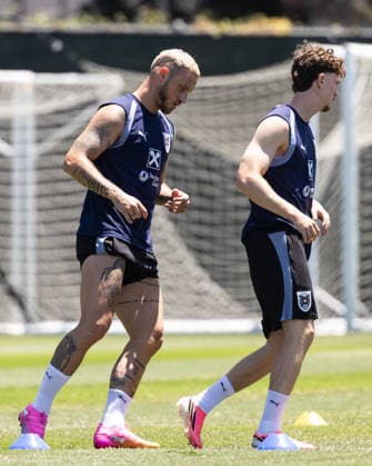 SOCCER - FIFA World Cup, WM, Weltmeisterschaft, Fussball 2026, preview SANTA BARBARA,CALIFORNIA,USA,09.JUN.26 - SOCCER - FIFA World Cup 2026, USA, Mexico, Canada, preview, OEFB, Oesterreichischer Fussball-Bund, training team AUT. Image shows Marko Arnautovic and Paul Wanner (AUT). GEPAxpictures xArminxRauthner