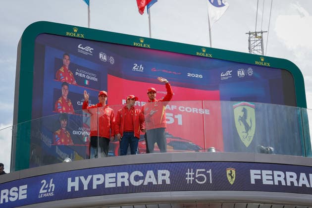 24 HEURES DU MANS 2026 - TUESDAY 51 PIER GUIDI Alessandro (ita), CALADO James (gbr), GIOVINAZZI Antonio (ita), Ferrari AF Corse, Ferrari 499P 51, Hypercar, portrait during the 24 Hours of Le Mans 2026, 3rd round of the 2026 FIA World Endurance Championship, on June 9, 2026 on the Circuit des 24 Heures du Mans in Le Mans, France - Le MansFrance Copyright: xPauloxMariax