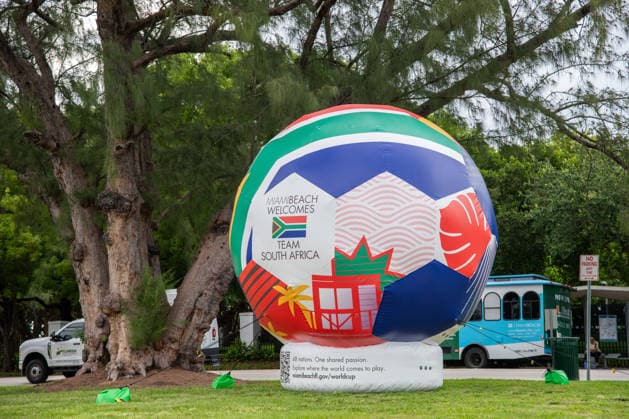 MIAMI BEACH, FL - JUNE 09: A general view of the Miami Beach Welcomes Team South Africa inflatable soccer ball on June 9, 2026 in Miami Beach, FL. Forty-eight 16-foot inflatable soccer balls were installed in parks and public spaces as a tribute by Miami Beach to the 48 nations participating in the 2026 FIFA World Cup, WM, Weltmeisterschaft, Fussball Seven 2026 FIFA World Cup matches will be played at Miami Stadium, including four group-stage matches, a round of 32 match, a quarterfinal, and the bronze final. (Photo by Erica Denhoff Icon Sportswire) SOCCER: JUN 09 FIFA World Cup 26 Preview - Miami EDITORIAL USE ONLY Icon26060902
