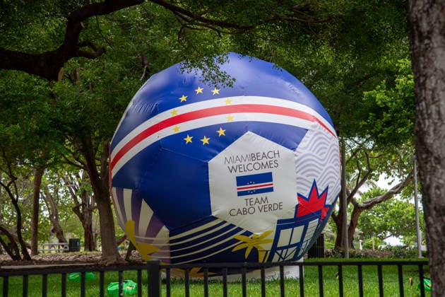 MIAMI BEACH, FL - JUNE 09: A general view of the Miami Beach Welcomes Team Cabo Verde inflatable soccer ball on June 9, 2026 in Miami Beach, FL. Forty-eight 16-foot inflatable soccer balls were installed in parks and public spaces as a tribute by Miami Beach to the 48 nations participating in the 2026 FIFA World Cup, WM, Weltmeisterschaft, Fussball Seven 2026 FIFA World Cup matches will be played at Miami Stadium, including four group-stage matches, a round of 32 match, a quarterfinal, and the bronze final. (Photo by Erica Denhoff Icon Sportswire) SOCCER: JUN 09 FIFA World Cup 26 Preview - Miami EDITORIAL USE ONLY Icon26060904