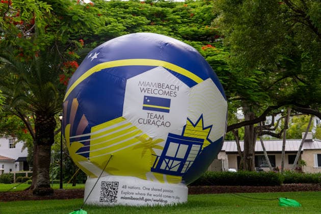 MIAMI BEACH, FL - JUNE 09: A general view of the Miami Beach Welcomes Team Curacao inflatable soccer ball on June 9, 2026 in Miami Beach, FL. Forty-eight 16-foot inflatable soccer balls were installed in parks and public spaces as a tribute by Miami Beach to the 48 nations participating in the 2026 FIFA World Cup, WM, Weltmeisterschaft, Fussball Seven 2026 FIFA World Cup matches will be played at Miami Stadium, including four group-stage matches, a round of 32 match, a quarterfinal, and the bronze final. (Photo by Erica Denhoff Icon Sportswire) SOCCER: JUN 09 FIFA World Cup 26 Preview - Miami EDITORIAL USE ONLY Icon26060905