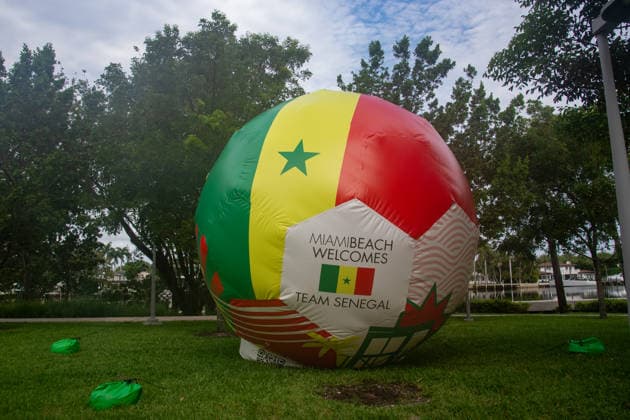 MIAMI BEACH, FL - JUNE 09: A general view of the Miami Beach Welcomes Team Senegal inflatable soccer ball on June 9, 2026 in Miami Beach, FL. Forty-eight 16-foot inflatable soccer balls were installed in parks and public spaces as a tribute by Miami Beach to the 48 nations participating in the 2026 FIFA World Cup, WM, Weltmeisterschaft, Fussball Seven 2026 FIFA World Cup matches will be played at Miami Stadium, including four group-stage matches, a round of 32 match, a quarterfinal, and the bronze final. (Photo by Erica Denhoff Icon Sportswire) SOCCER: JUN 09 FIFA World Cup 26 Preview - Miami EDITORIAL USE ONLY Icon26060906