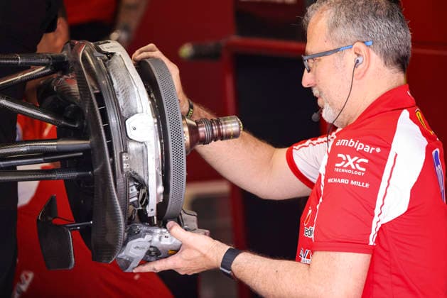 F1 - BARCELONA-CATALUNYA GRAND PRIX 2026 Scuderia Ferrari SF-26, mechanical detail front suspension brakes, freins, Carbon Industries mechanic, mecanicien, mechanics during the Formula 1 Barcelona-Catalunya Grand Prix 2026, 7th round of the 2026 Formula One World Championship, WM, Weltmeisterschaft from June 12 to 14, 2026 on the Circuit de Barcelona-Catalunya, in Montmelo, Spain - MontmeloSpain Copyright: xXavixBonillax