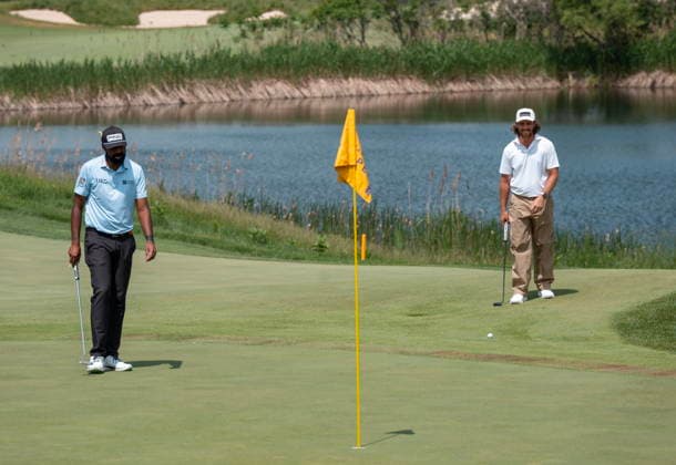 June 11, 2026, Caledon, On, CANADA: American Sahith Theegala, left, and Tommy Fleetwood, of England, line up their putts on the 7th green during the first round of the RBC Canadian Open in Caledon, Ont. on Thursday June 11, 2026. Canada News - June 11, 2026 - ZUMAc35_ 20260611_zaf_c35_036 Copyright: xFrankxGunnx